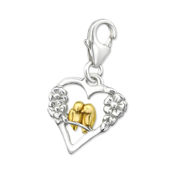 Silver and Gold Lovebirds Heart Charm