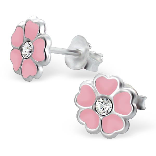 Tiny Pink Flower Studs ft Clear CZ Centers