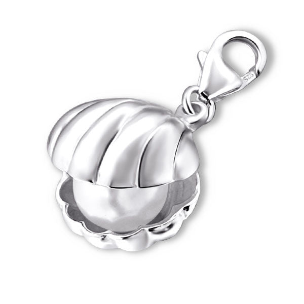 Silver Clam Shell with White Glass Pearl Charm