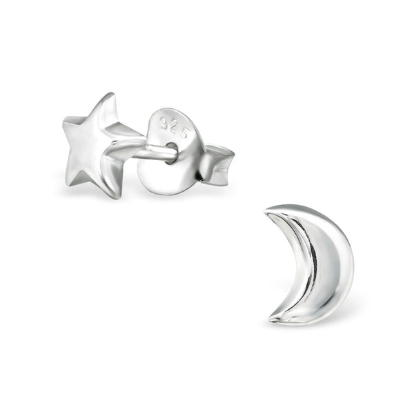 Tiny Silver Crescent Moon and Star Studs
