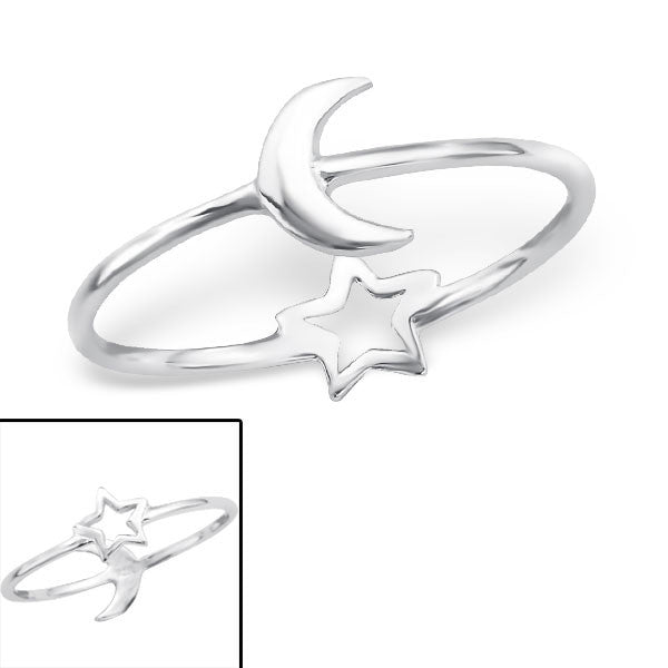 Silver Crescent Moon & Star Reversible Ring